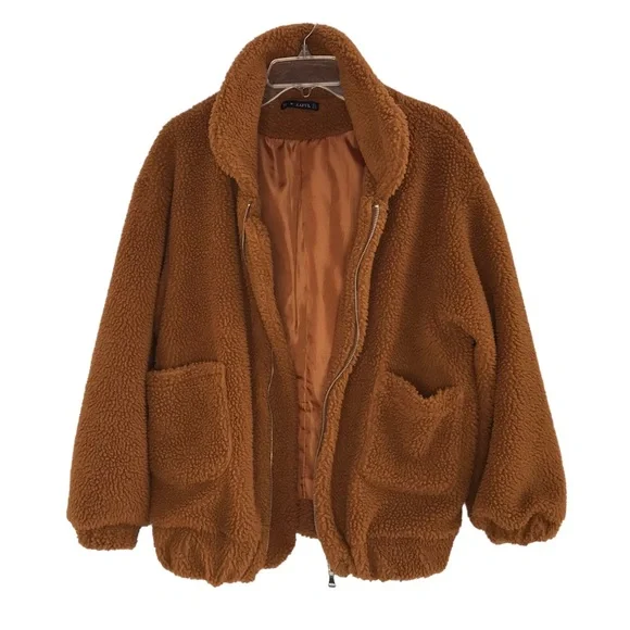Zaful Jackets Coats Zaful Brown Teddy Sherpa Zip Up Jacket